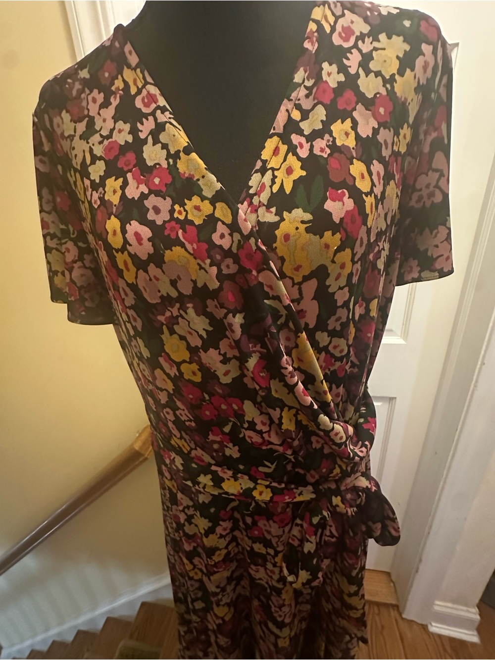 Ralph Lauren Black Floral Wrap Midi Dress with Pink & Yellow Blooms